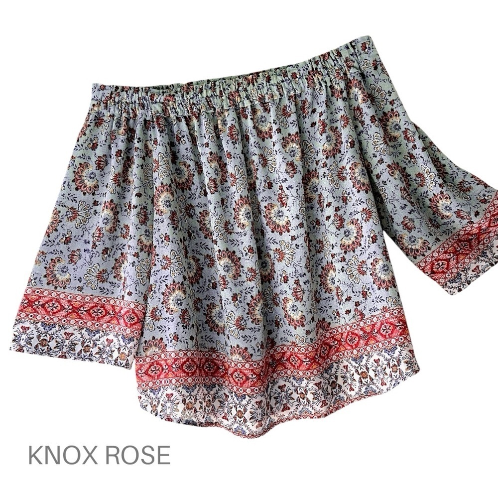 KNOX ROSE | NWOT OFF SHOULDER FLORAL BOHO TOP BELL SLEEVES RUCHED | SIZE: MEDIUM